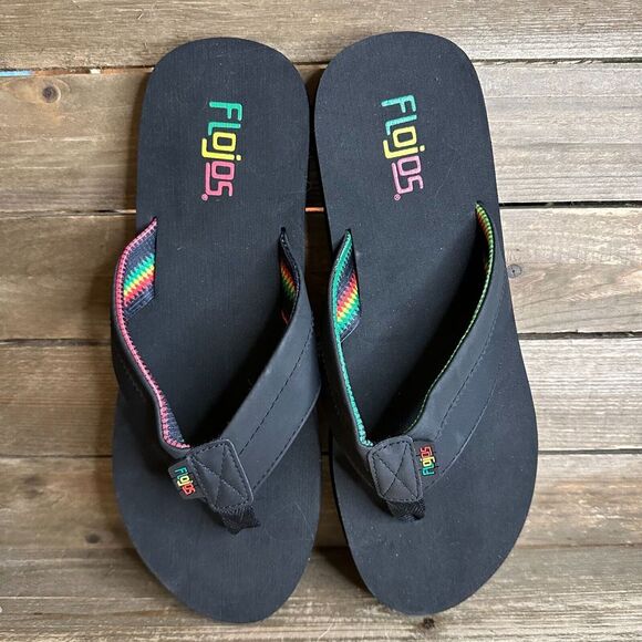 Womens Flojos Bandera Rasta Black Comfort Foam Casual Beach Flip Flops Size 11 M - Picture 3 of 5